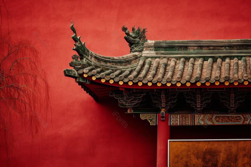 故宫琉璃瓦下的红色院墙与树枝,高清,摄影图,摄影图片,图片大全,摄影图免费下载